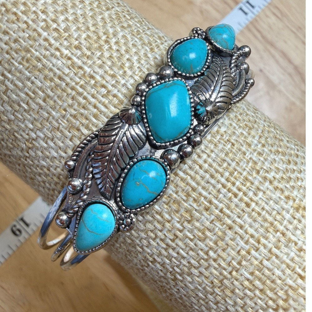 Southwestern‎ Western Boho Turquoise Cuff Bracelet Silver Tone Feather Leaf